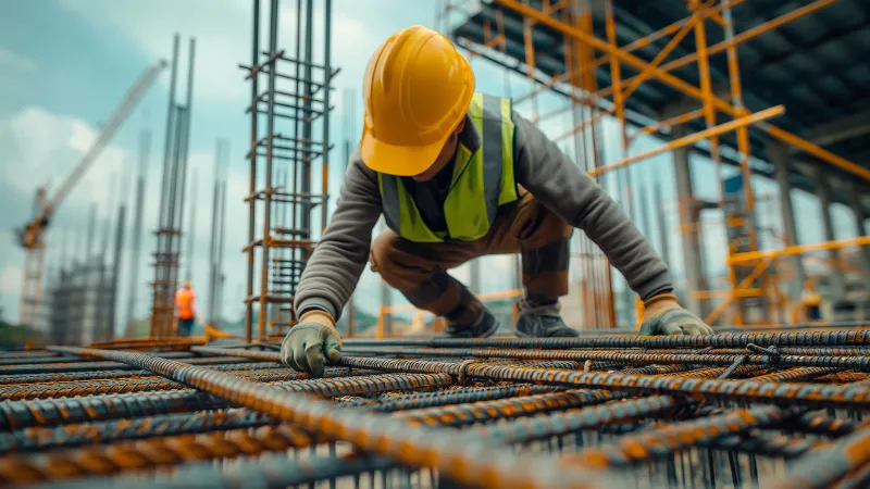 A construction worker wearing a yellow hard hat and safety vest is working on a building site, handling steel rebar.