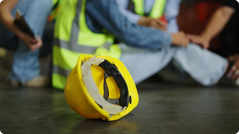 A man is hurt due to accident with a yellow hard hat lying on a concrete floor in the foreground.