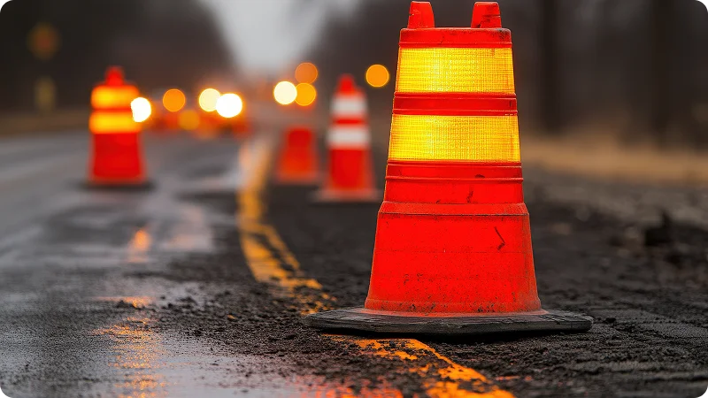 An orange and yellow construction cone on a wet, asphalt road. The cone has a reflective surface and appears to be illuminated from within.
