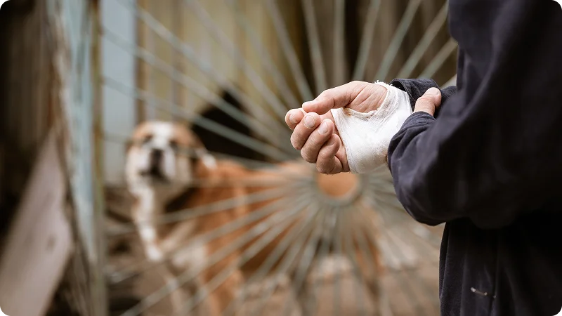 A person's hand wrapped in a bandage. And a dog is visible, standing near in a fence or gate.
