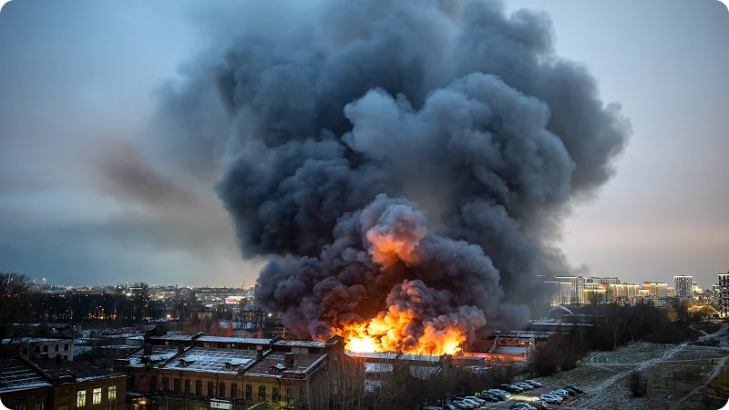 A massive fire engulfing a building, with large flames and thick black smoke billowing into the sky, and the fire fire appears to be spreading rapidly.
