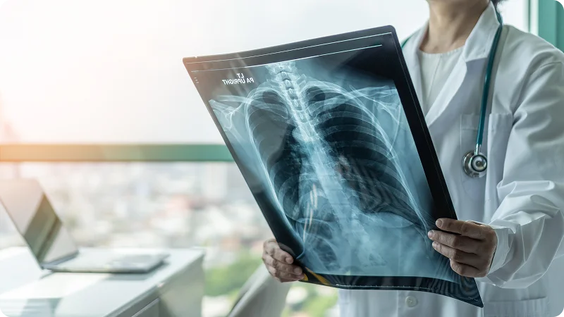 a doctor or medical professional wearing a white lab coat and a stethoscope and holding up a chest X-ray result.