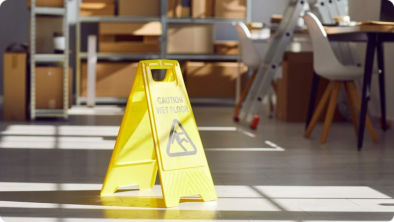 A bright yellow "CAUTION WET FLOOR" sign placed prominently on a tiled floor.