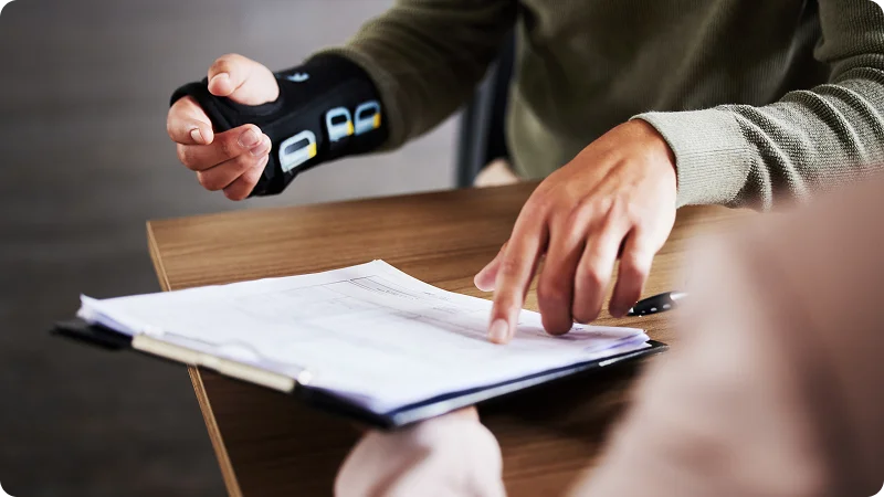 A person with a brace on their forearm or wrist, pointing to a document on a clipboard.